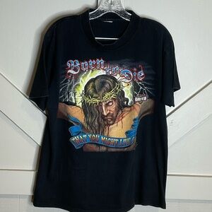 90s Vintage Born To Die Heavenly Divine Son Black Graphic T-Shirt Biker Parody